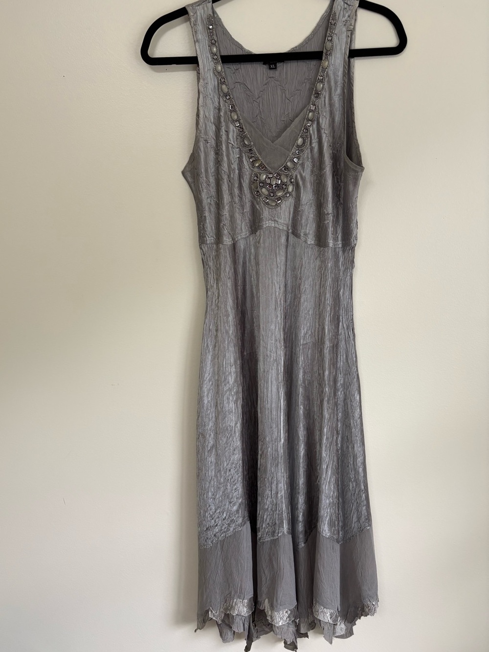 Komarov Silver Charmeuse Chiffon Crinkle Beaded Stretch Midi Dress/Jacket Sz XL